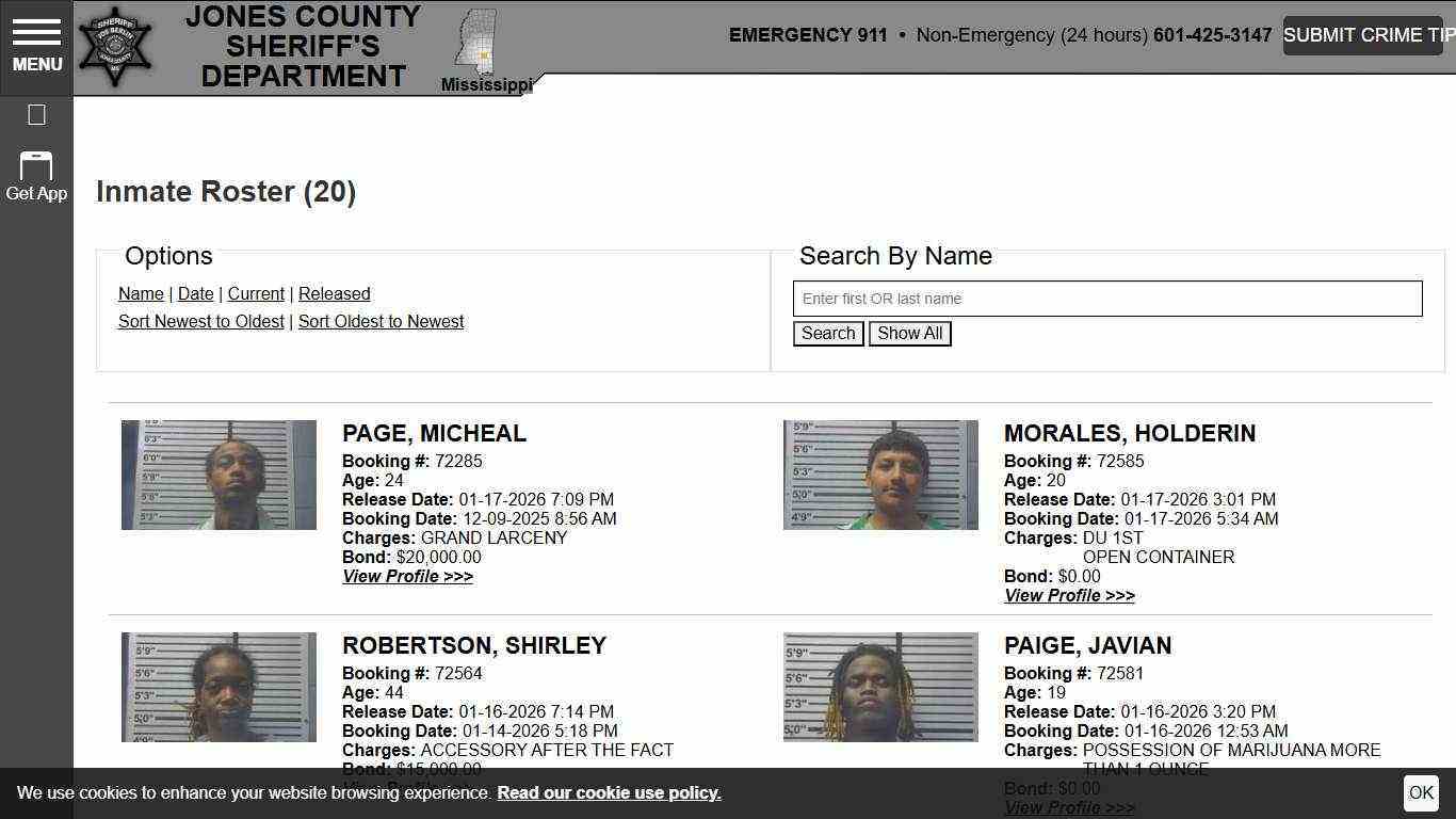 Inmate Roster | Jones County Sheriff MS | Sort Release Time - Descending | Page 1